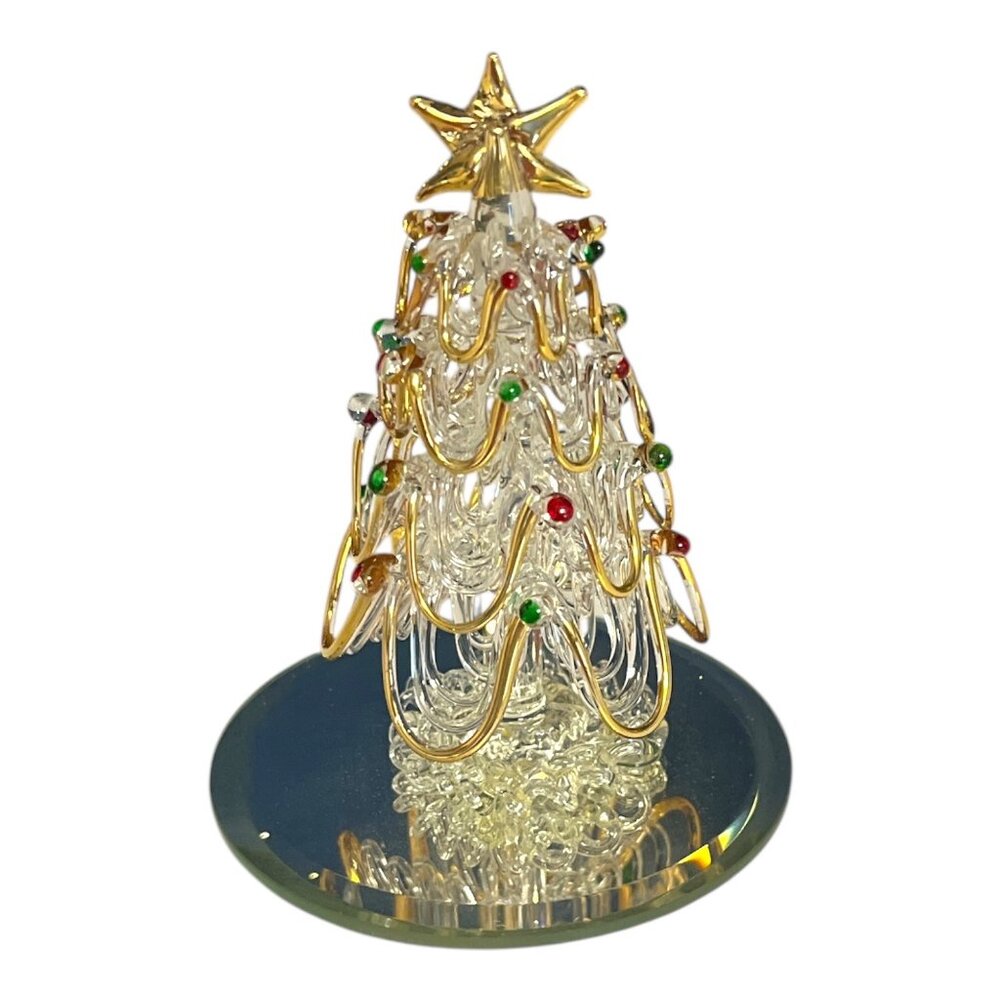 Vintage Spun Glass Christmas Tree Figurine – 24K Gold-Plated Accents – Mirrored